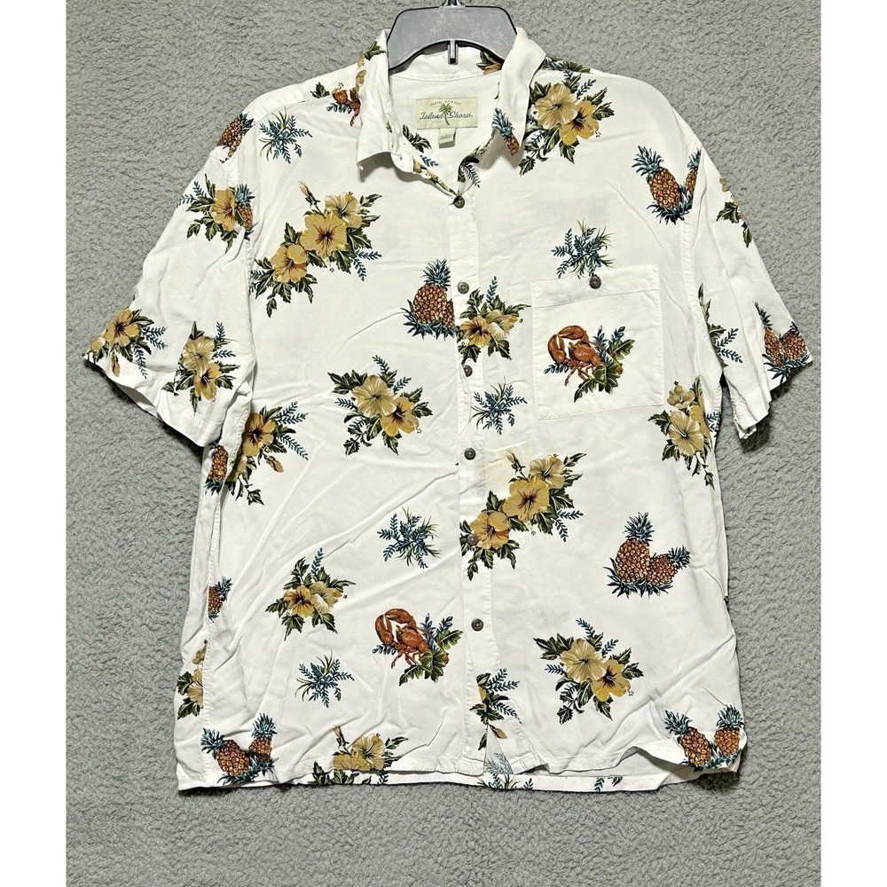 Island Shores Shirt Mens Large White Floral Rayon Hawaiian Pineapple Lobster AOP